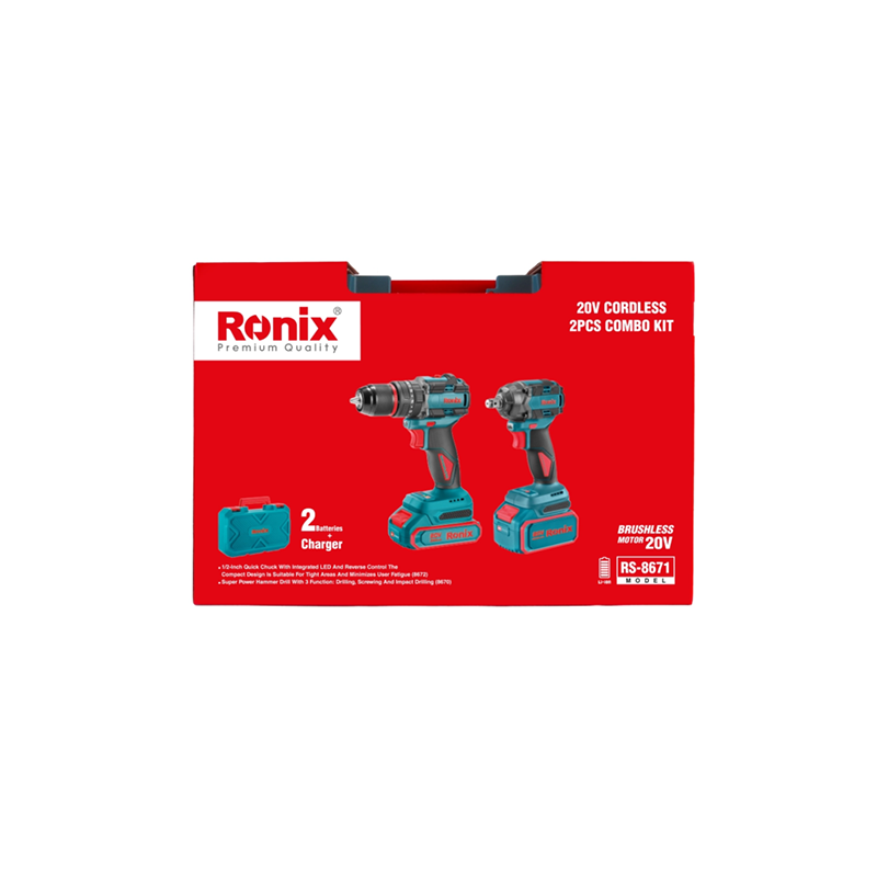 Ronix 20V draadloze 2-delige combiset (klopboormachine en slagmoersleutel)