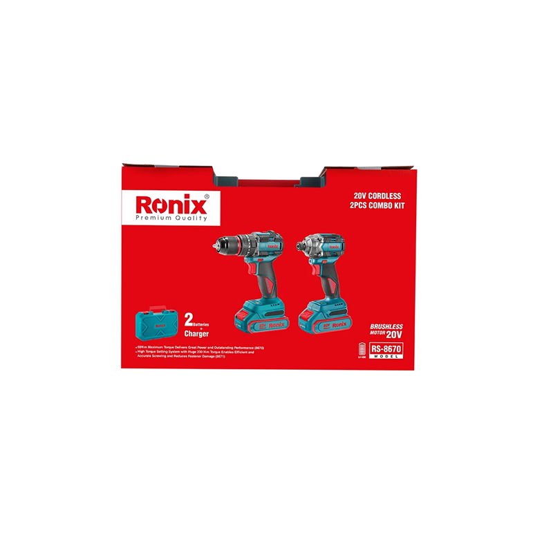 Ronix 20V draadloze 2-delige combiset (slagboormachine en schroevendraaier)