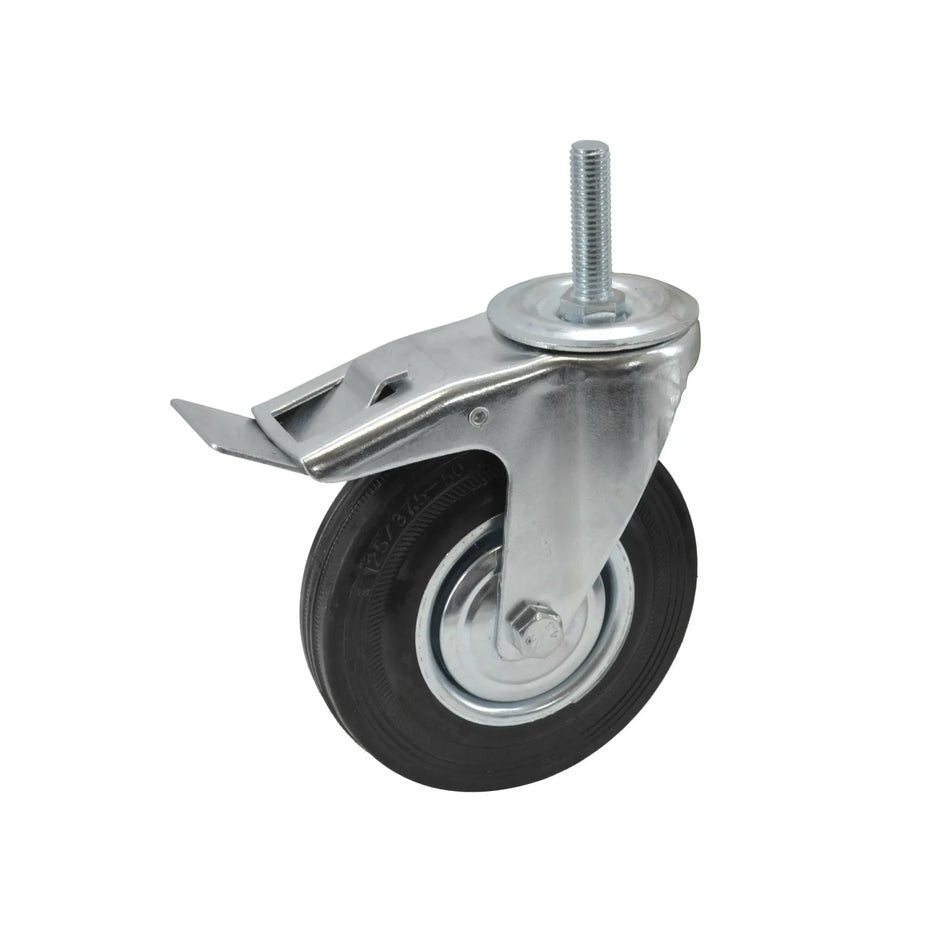 Zwart rubberen zwenkwiel 100mm met rem en schroefpen