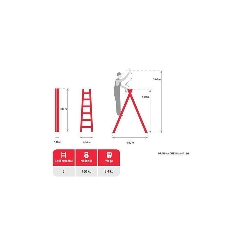 Dubbelzijdige vrijstaande houten ladder 2x6 150kg