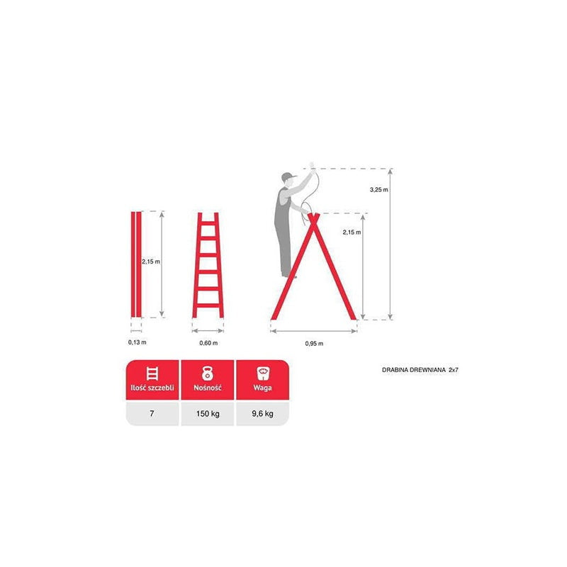Dubbelzijdige vrijstaande houten ladder 2x7 150kg