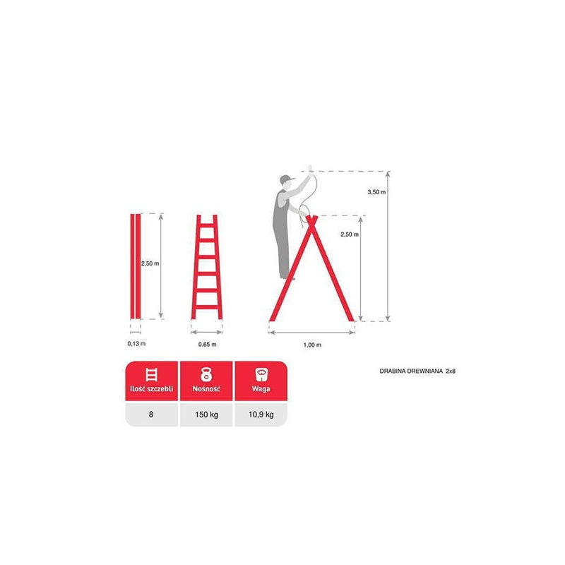Dubbelzijdige vrijstaande houten ladder 2x8 150kg