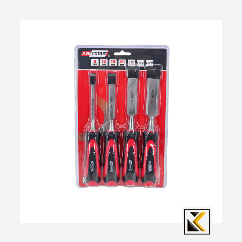 Houten beitelset 6-24 mm 4 delig tpr kunstof handvat