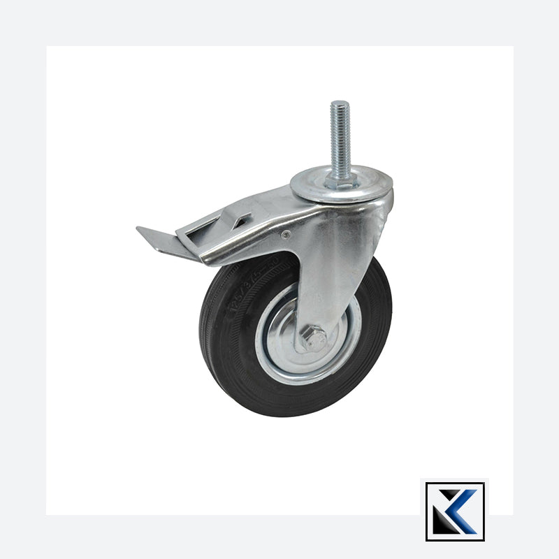 Zwart rubberen zwenkwiel 100mm met rem en schroefpen