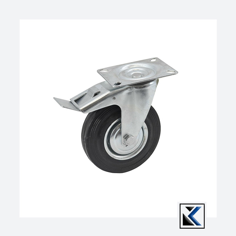 Zwart rubberen zwenkwiel 100mm met rem