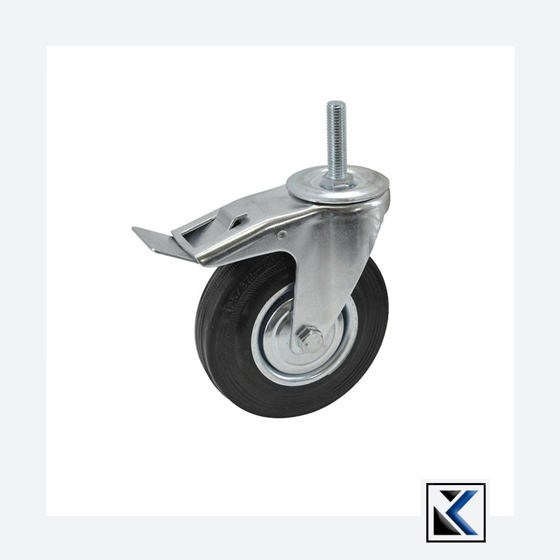 Zwart rubberen zwenkwiel 125mm met rem en schroefpen
