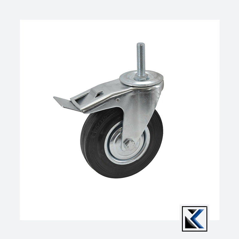 Zwart rubberen zwenkwiel 75mm met rem en schroefpen