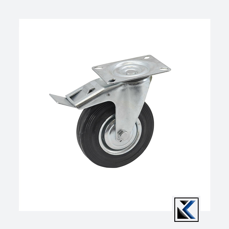 Zwart rubberen zwenkwiel 75mm met rem